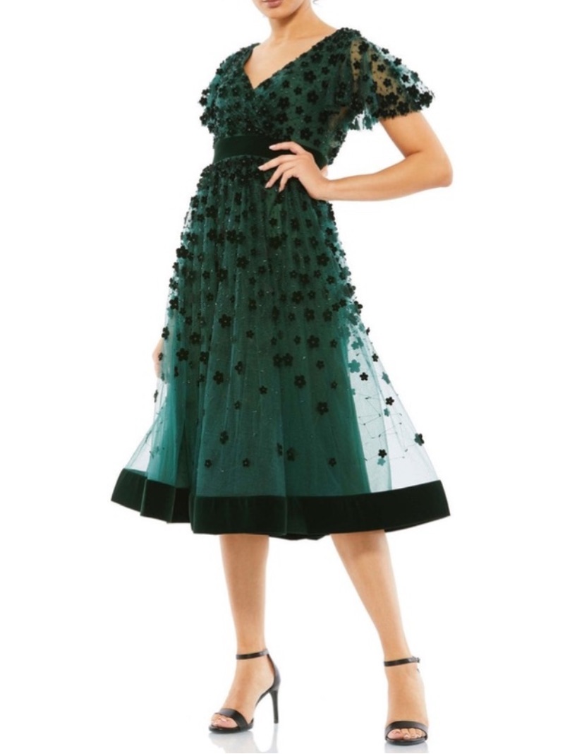 Mac Duggal 67854 Embellished Butterfly Sleeve Velvet Floral Midi Dress - Reemoly